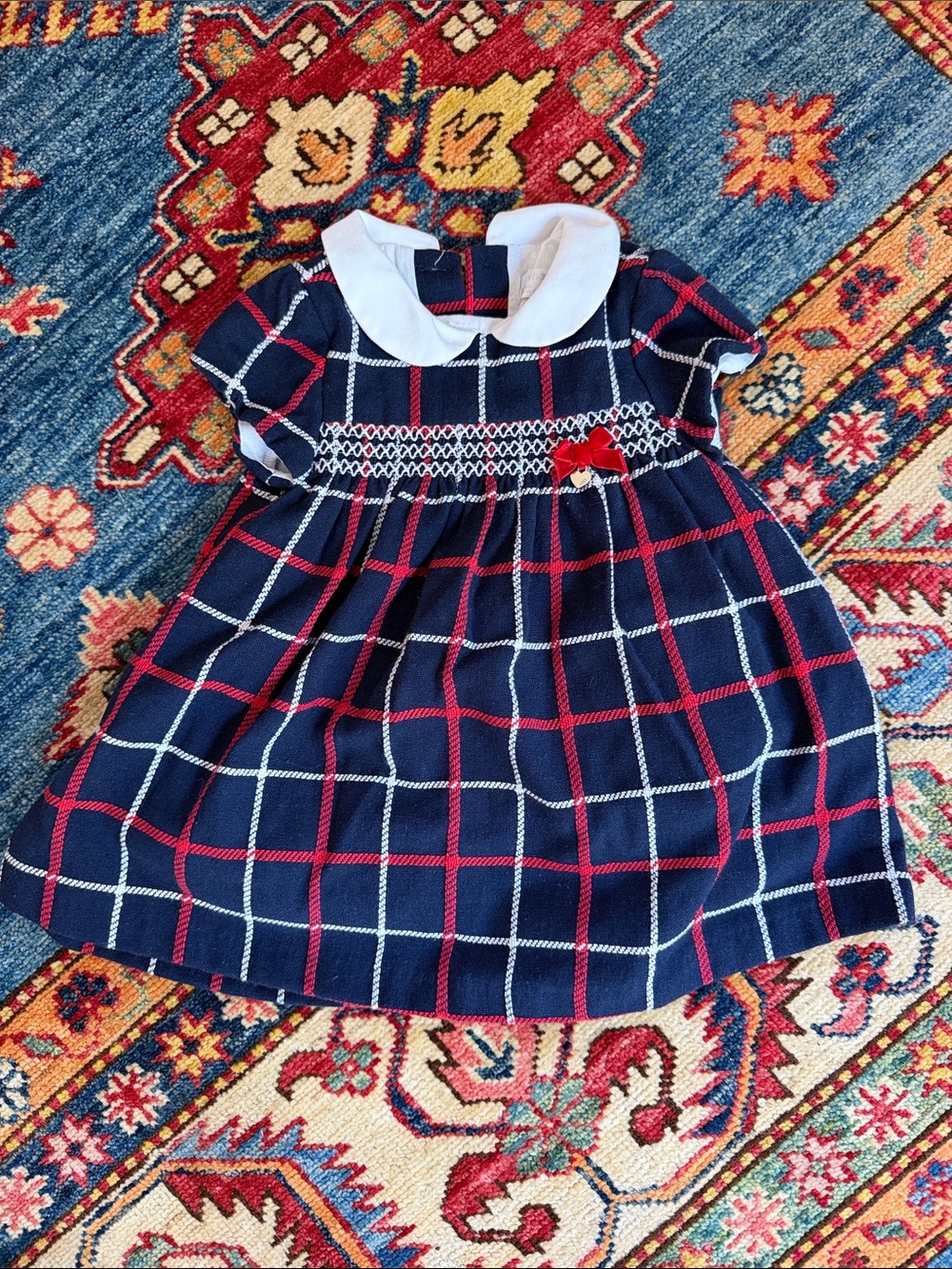 Mayoral Navy Plaid Dress with White Peter Pan Collar and Red Accents